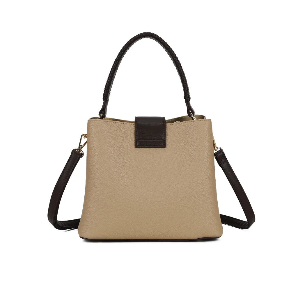 Dos du Le Solvane taupe/coffee, surface en simili cuir grainé lisse et sobre, anse tressée en arc