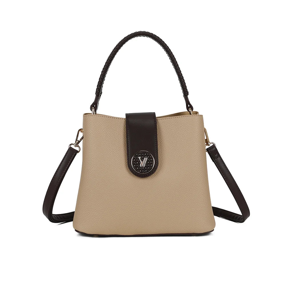 Sac à main femme Le Solvane taupe/coffee en simili cuir grainé, anse tressée et médaillon doré – Gallantry Paris