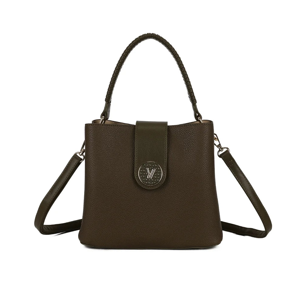 Sac à main femme Le Solvane vert foncé en simili cuir grainé, anse tressée et médaillon doré – Gallantry Paris