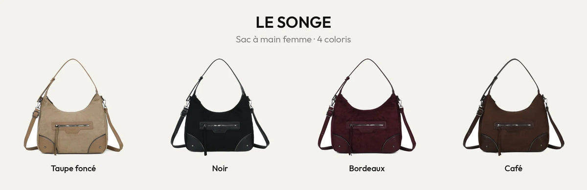 Sac à main femme Le Songe effet suédé en 4 coloris : D.TAUPE, Noir, Bordeaux et Coffee – Gallantry Paris – réf. Z-83095