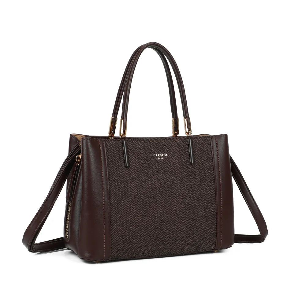 Le Valdora café de trois quarts : silhouette structurée et zip vertical doré sur le côté – réf. G-7513