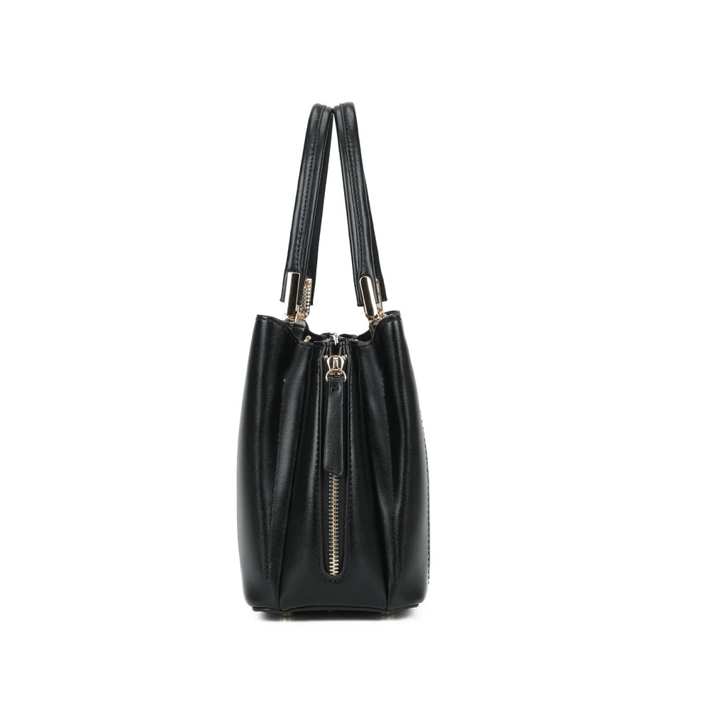 Le Valdora noir de profil : soufflet latéral de 11 cm et zip doré pour un format compact – réf. G-7513
