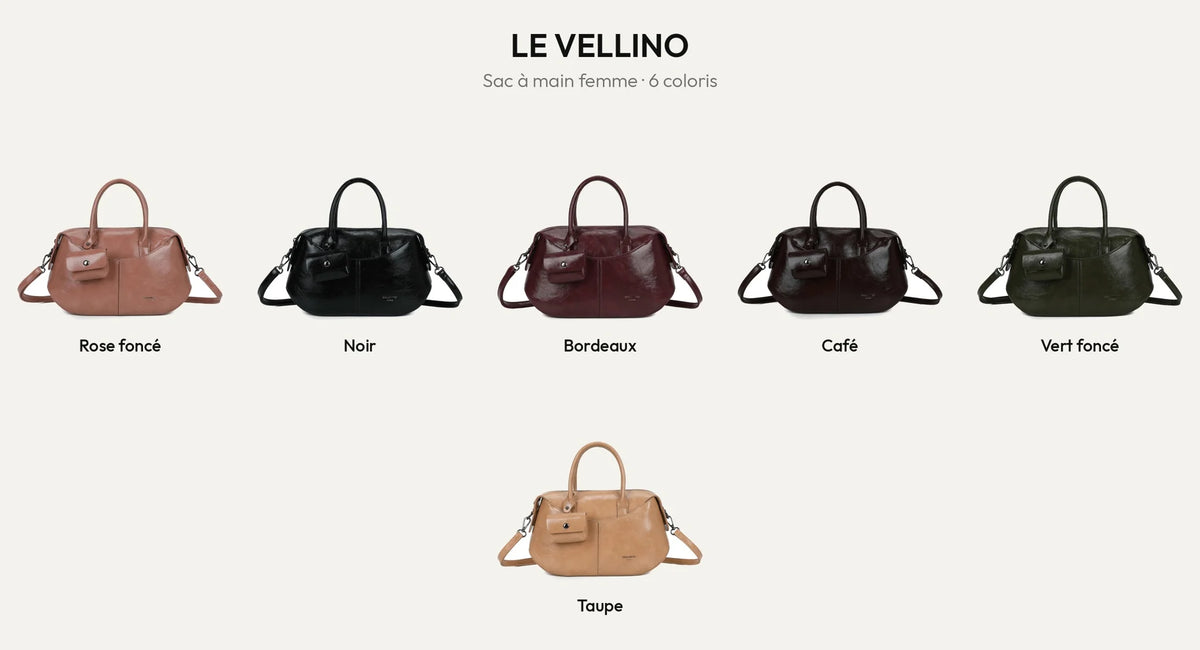 Sac à main Le Vellino en 6 coloris : Rose foncé, Noir, Bordeaux, Coffee, Vert Foncé et Taupe – Gallantry Paris – réf. LS-76001