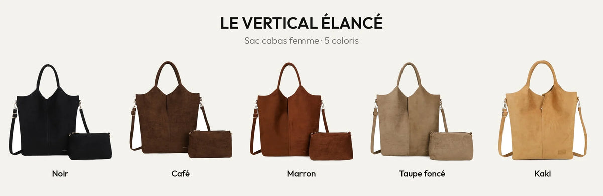 Le Vertical Élancé, sac cabas femme en suédine, en coloris Noir, Coffee, Khaki, Marron et D.TAUPE – Gallantry Paris – réf. R-2017