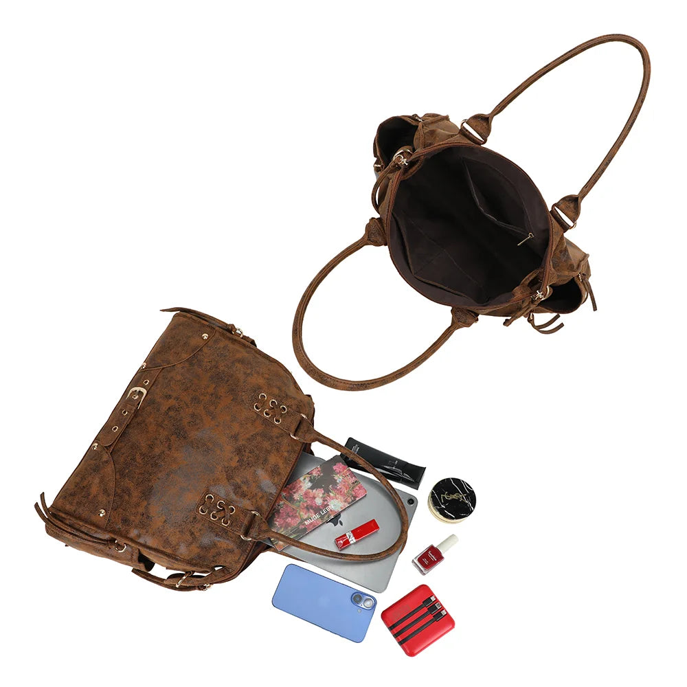 Intérieur du Vespera marron : grand compartiment et poche zippée, tablette et essentiels – réf. R-2084