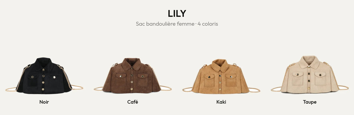 Sac bandoulière Lily en forme de petite veste, 4 coloris : Noir, Coffee, Khaki et Taupe – Gallantry Paris – réf. R-2034