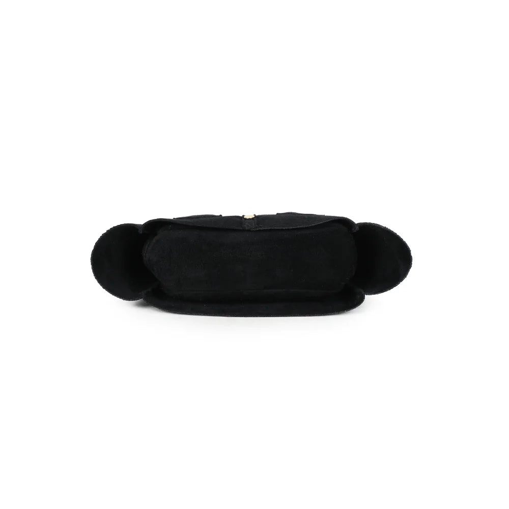 Dessous du sac Lily noir : base de 20 × 7 cm en synthétique effet suédine ton sur ton – réf. R-2034