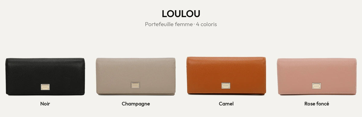 Portefeuille femme Loulou en quatre coloris : noir, champagne, camel et rose foncé – Gallantry Paris – réf. FD-81001