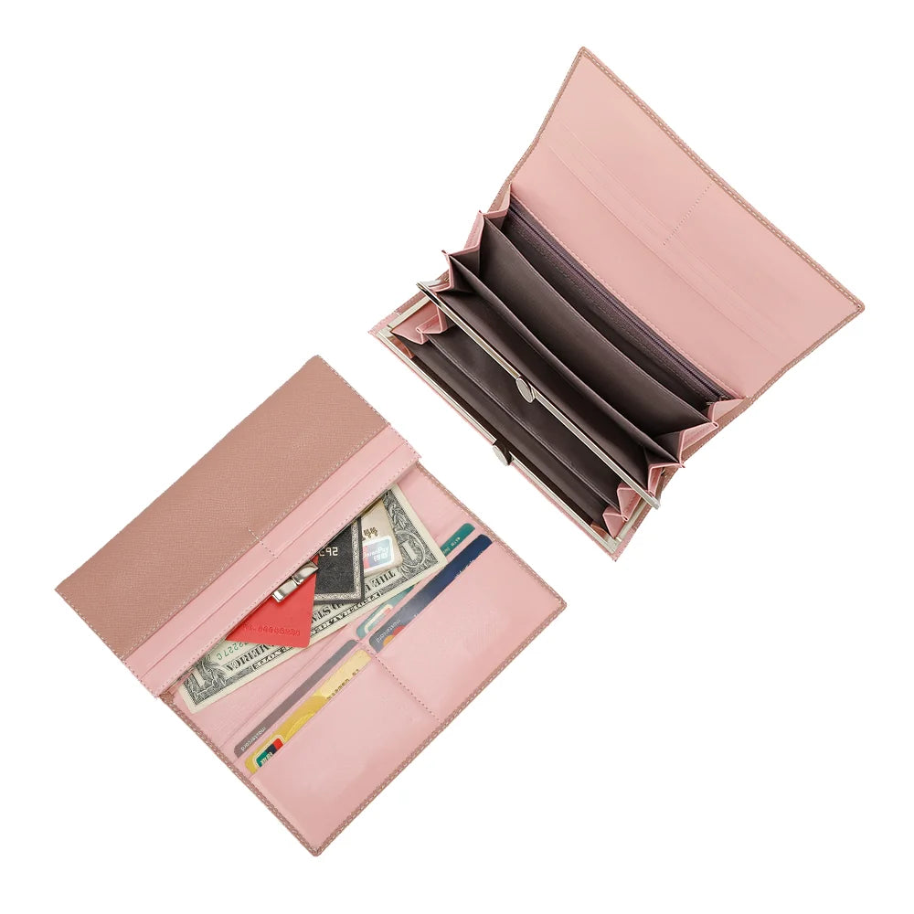 Intérieur du Loulou rose foncé : fentes pour cartes, compartiments à billets et soufflets à armature – réf. FD-81001