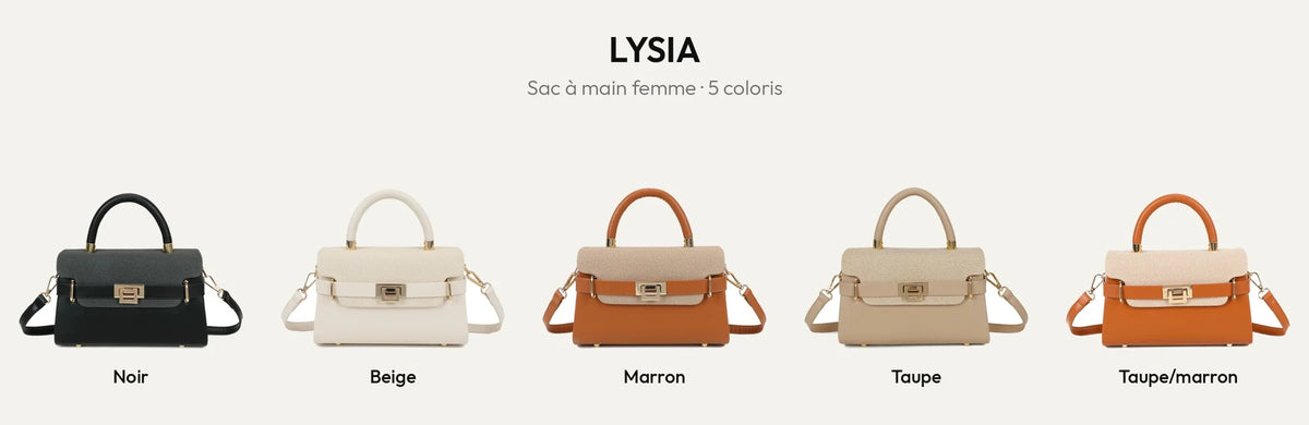 Sac à main femme Lysia en 5 coloris : Noir, Beige, Marron, Taupe et Taupe/Marron – Gallantry Paris – réf. YL-26007