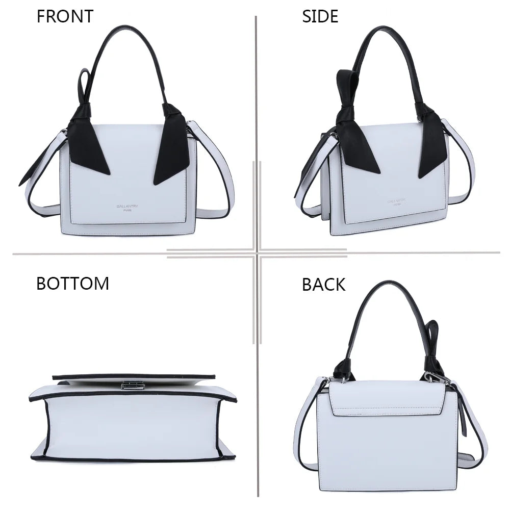 Mignonne blanc sous quatre angles : face, côté, dessous et dos du petit sac à main à nœuds – réf. R-1551