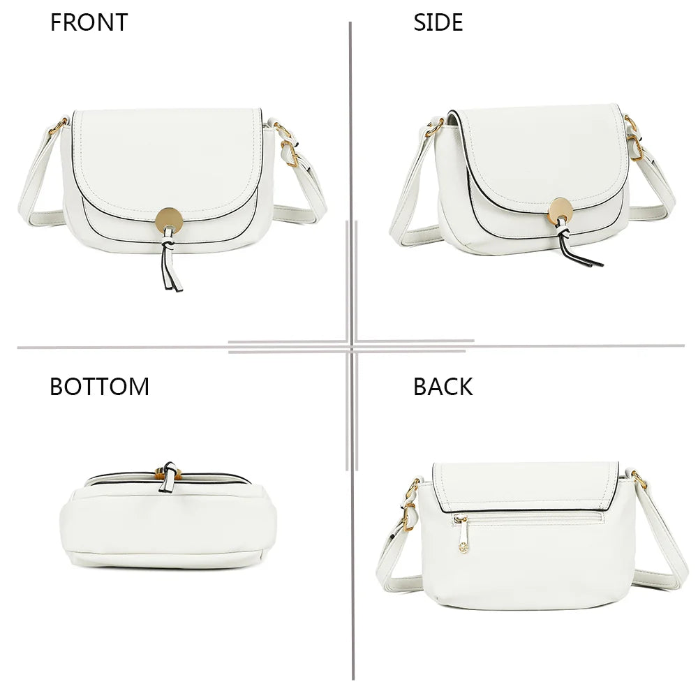 Le Mira blanc sous quatre angles : face, profil, dessous et dos du sac à rabat – réf. Z-83082