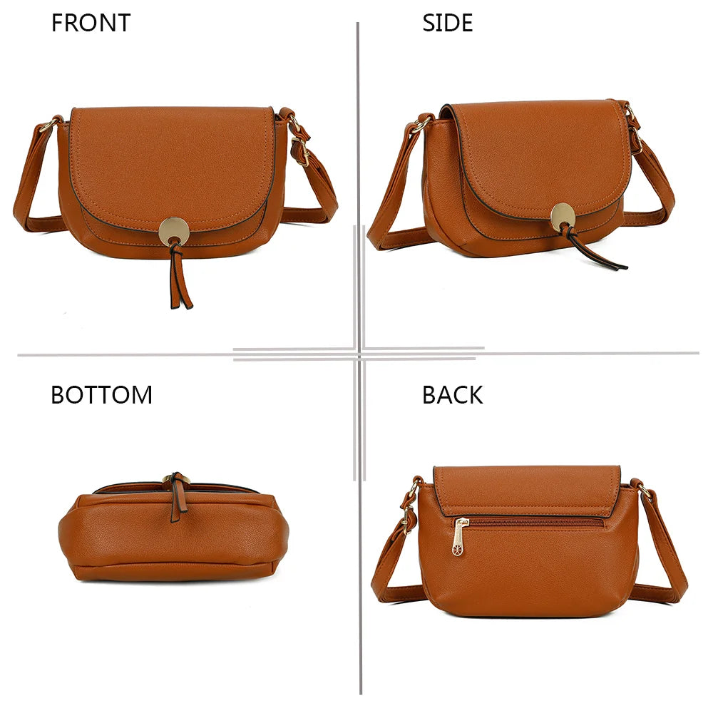 Le Mira camel sous quatre angles : face, profil, dessous et dos du sac à rabat – réf. Z-83082