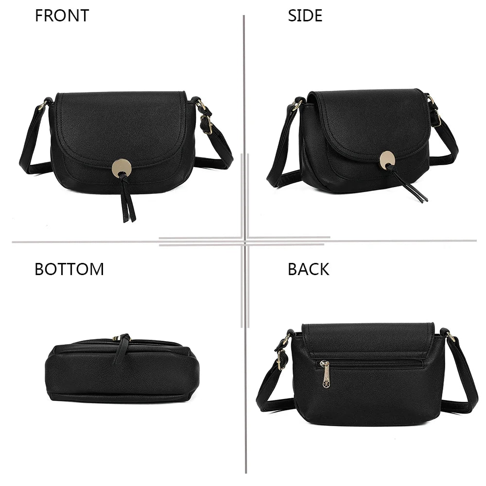 Le Mira noir sous quatre angles : face, profil, dessous et dos du sac à rabat – réf. Z-83082