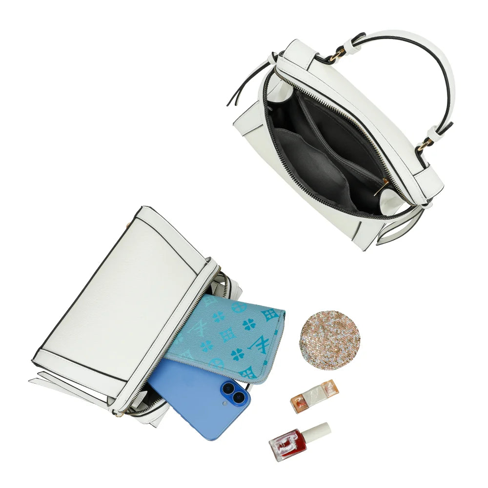 Intérieur du Naya blanc : compartiment zippé doublé pour téléphone, portefeuille et cosmétiques – réf. KJ-62055