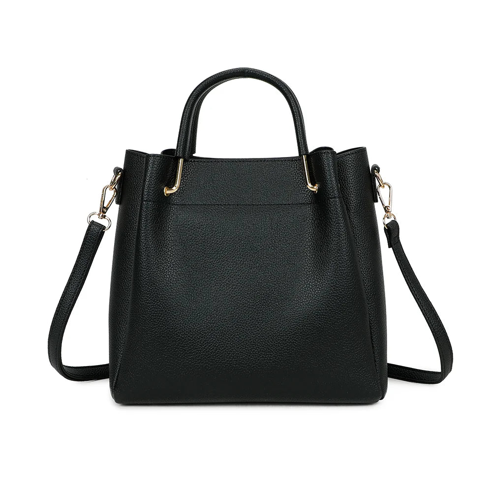 Dos du sac Nina noir : simili cuir grainé uni et lignes épurées, anses courtes aux attaches dorées – réf. DQ-8704