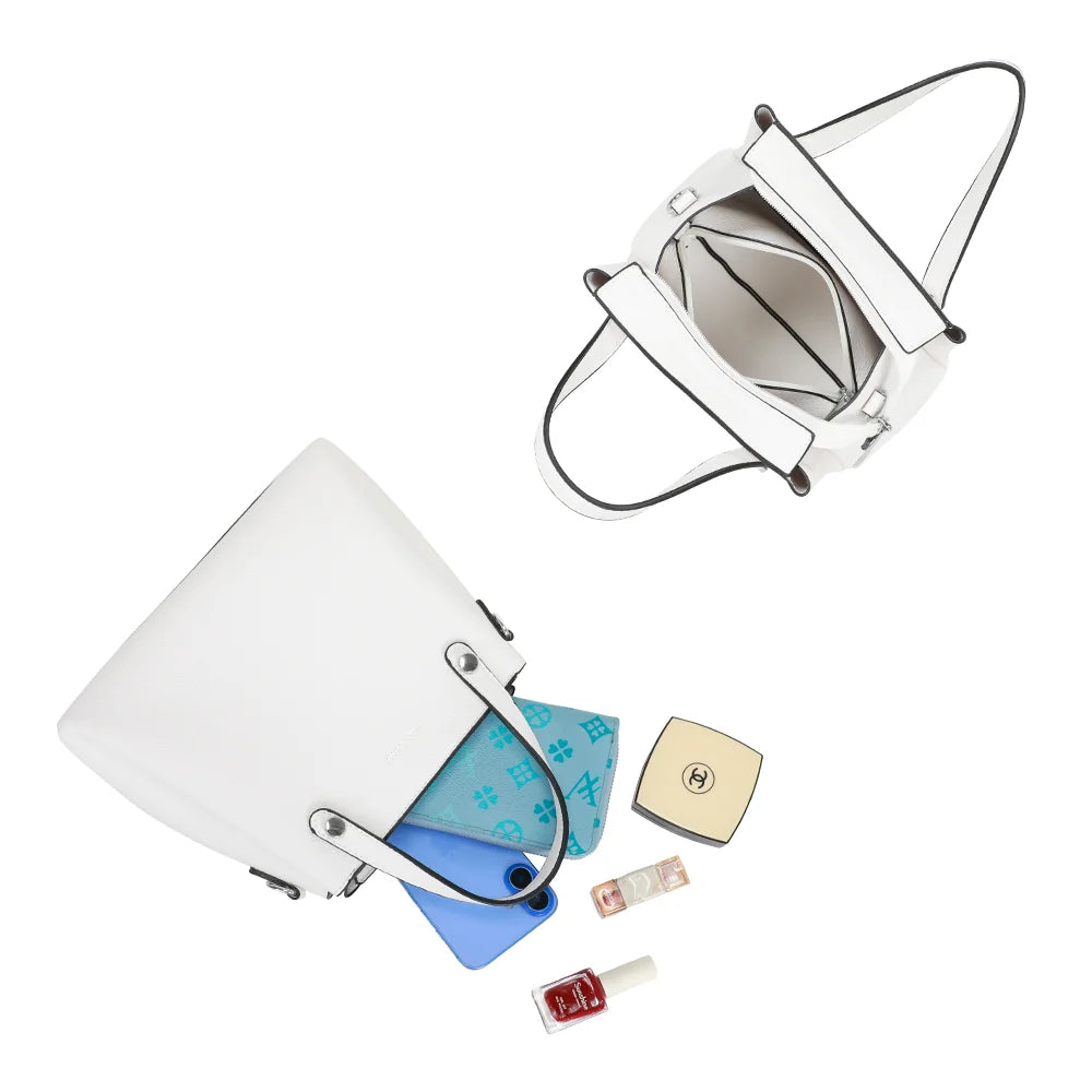 Intérieur du Noa blanc : compartiment zippé avec poche zippée intégrée, téléphone et portefeuille – réf. DQ-8700