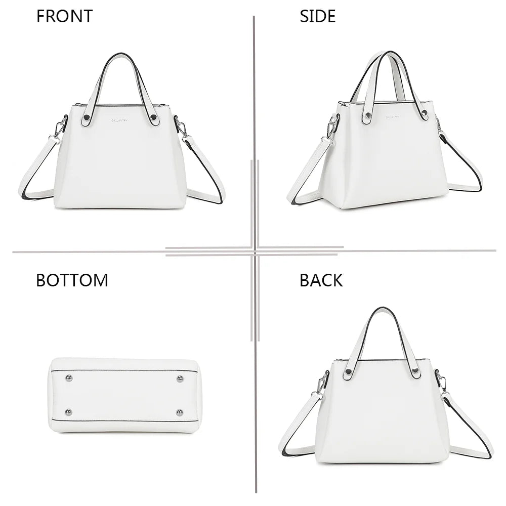 Noa blanc sous quatre angles : face, côté, dessous et dos du sac en simili cuir grainé – réf. DQ-8700