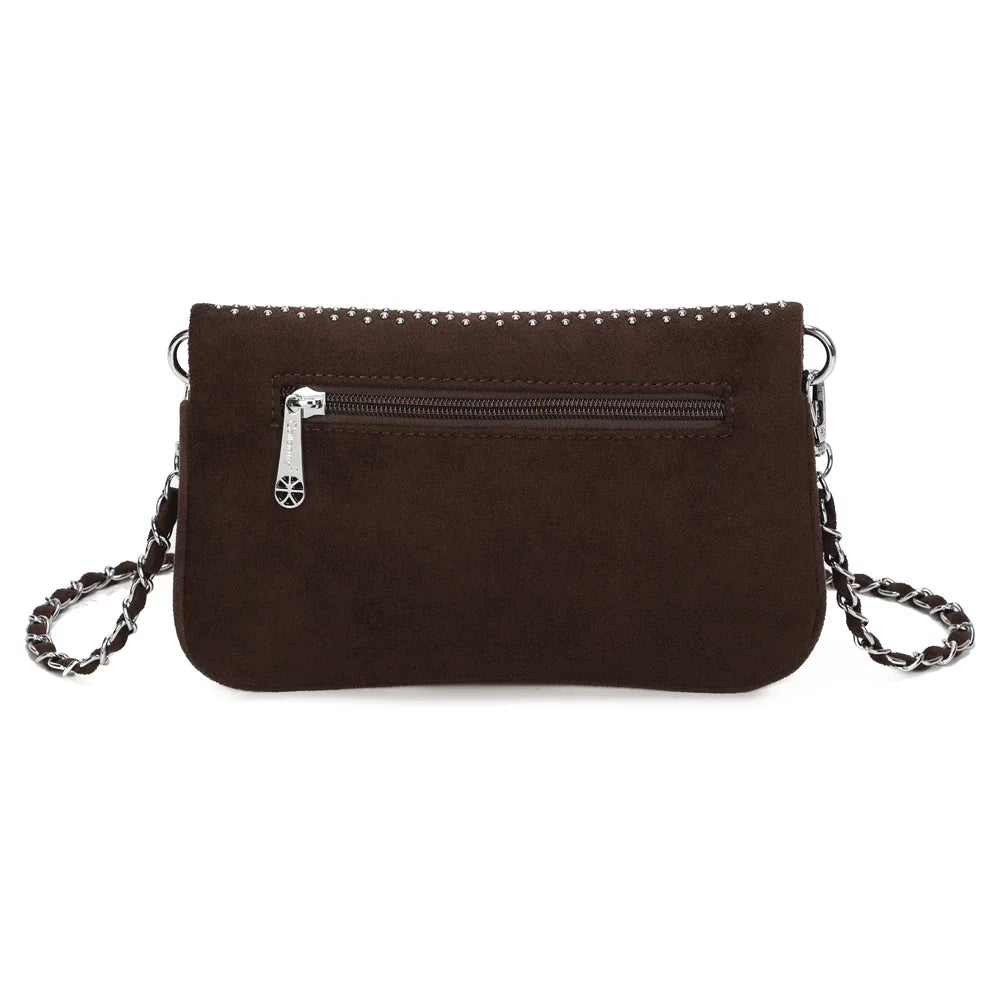 Dos de la pochette Noctéa café, surface effet suédine unie et attaches de chaîne – réf. Z-83088