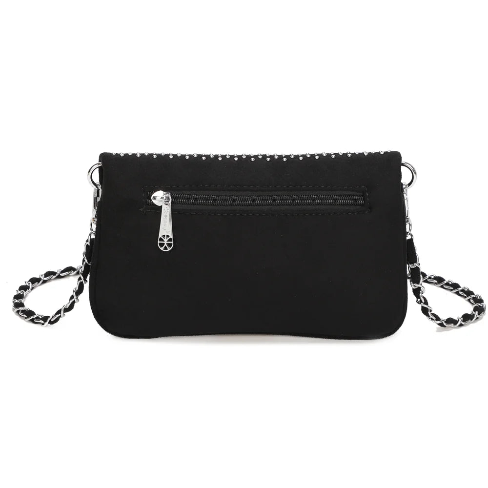 Dos de la pochette Noctéa noir, surface effet suédine unie et attaches de chaîne – réf. Z-83088