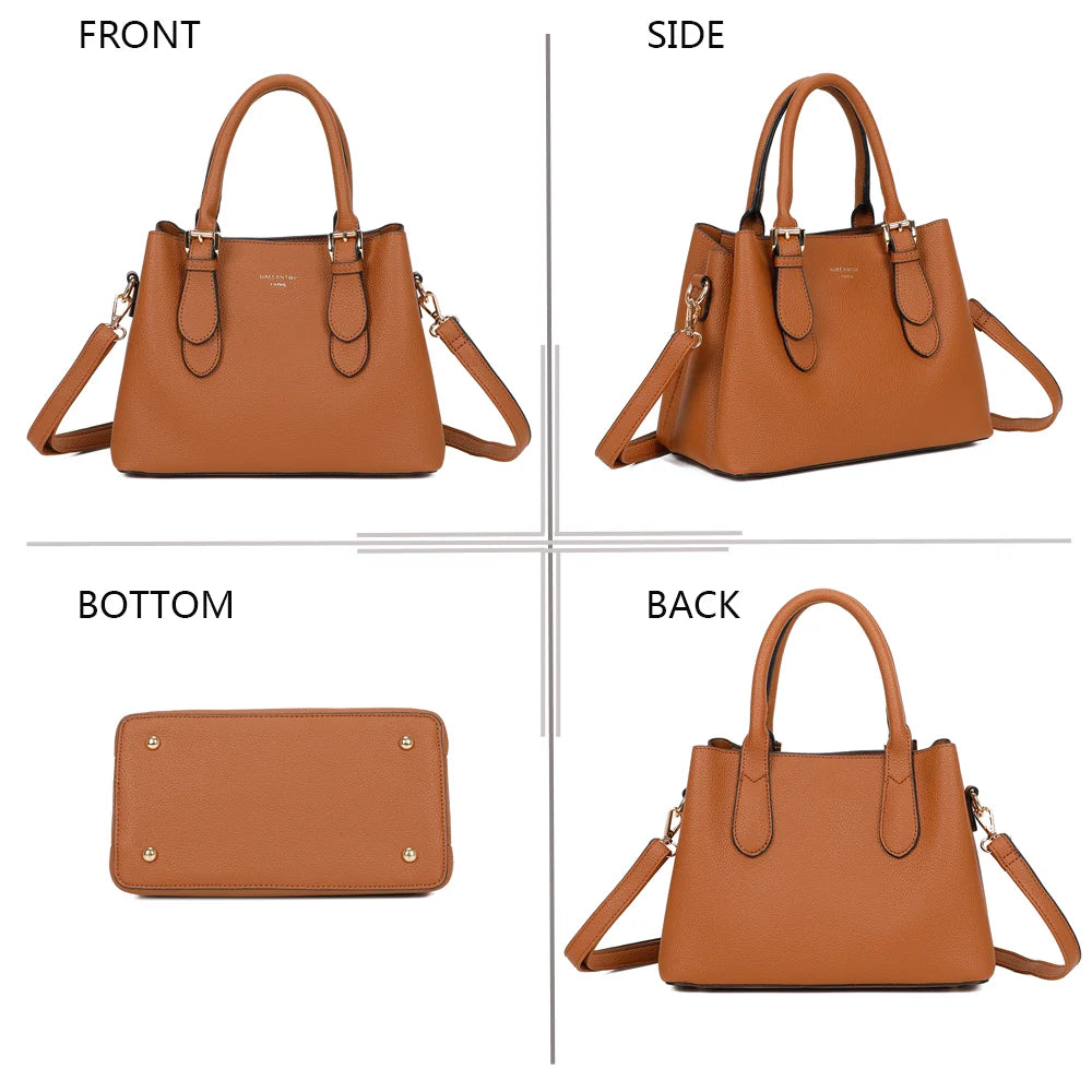 Nola camel sous quatre angles : face, profil, dessous et dos du sac en simili cuir grainé – réf. R-1948