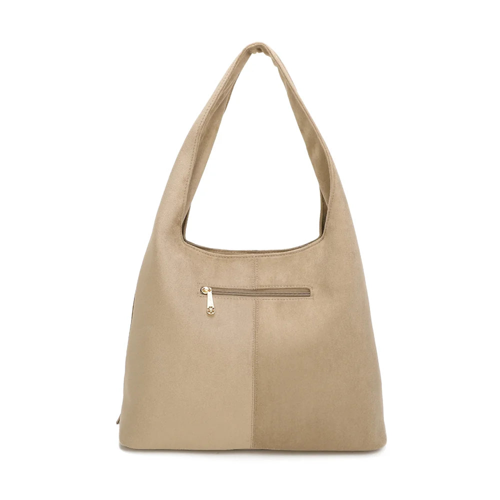 Dos du sac Ondaya taupe foncé, suédine souple et franges fluides pour un style bohème chic – réf. M-9453