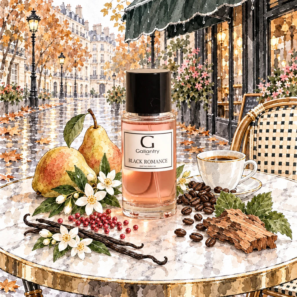 Flacon Black Romance entouré de café, poire, jasmin et vanille sur une terrasse du Marais, illustration créée avec l'IA