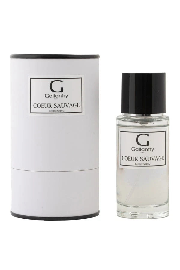 Eau de parfum Cœur Sauvage de Gallantry Paris : flacon de 50 ml à bouchon noir posé devant sa boîte