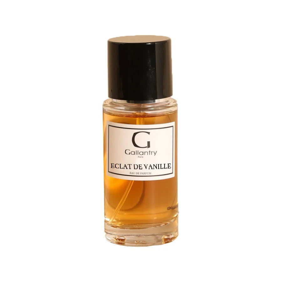Flacon vaporisateur en verre 50 ml de l'eau de parfum Éclat de Vanille, bouchon noir, Gallantry Paris