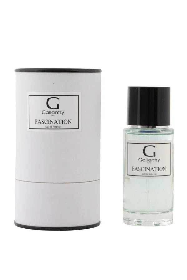 Eau de parfum Fascination de Gallantry Paris, flacon 50 ml posé à côté de sa boîte