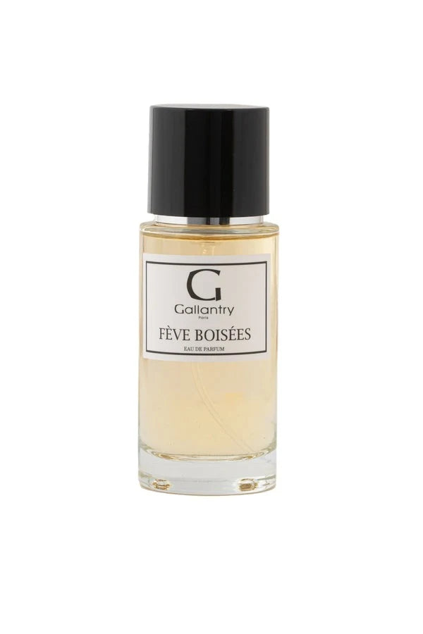 Flacon en verre de 50 ml de l'eau de parfum Fèves Boisées de Gallantry Paris, bouchon noir