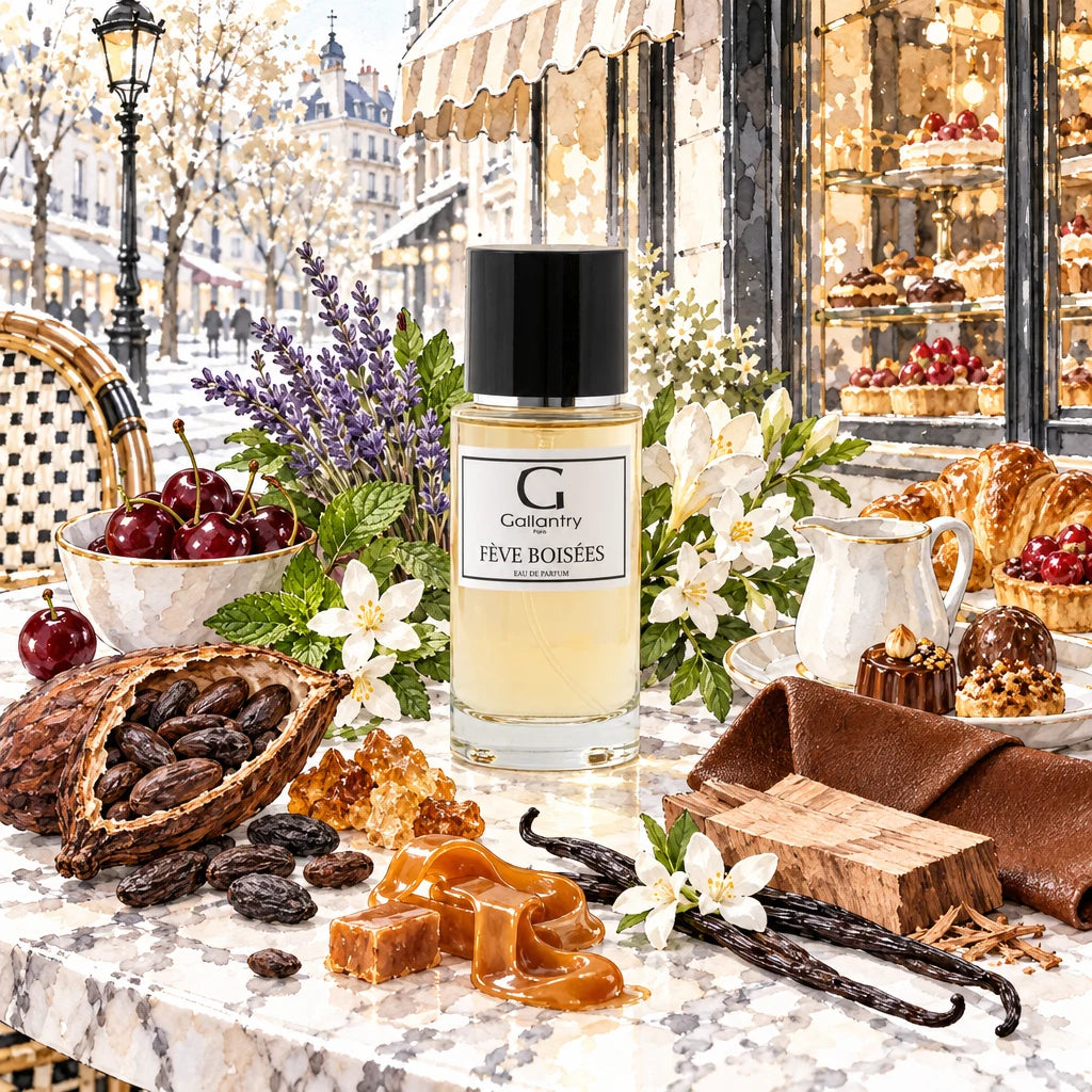 Fèves Boisées entouré de lavande, cerises, cacao et pralines devant une pâtisserie parisienne, illustration créée avec l'IA