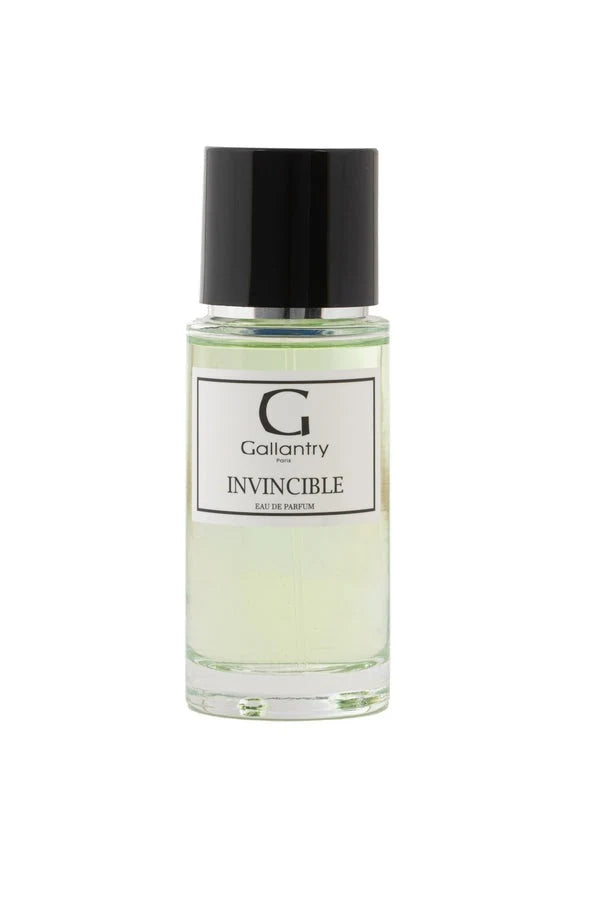 Flacon vaporisateur en verre 50 ml de l'eau de parfum Invincible de Gallantry Paris, bouchon noir