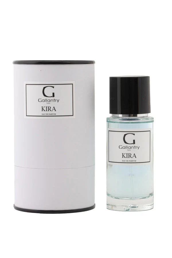 Eau de parfum Kira de Gallantry Paris : flacon 50 ml à bouchon noir posé à côté de sa boîte