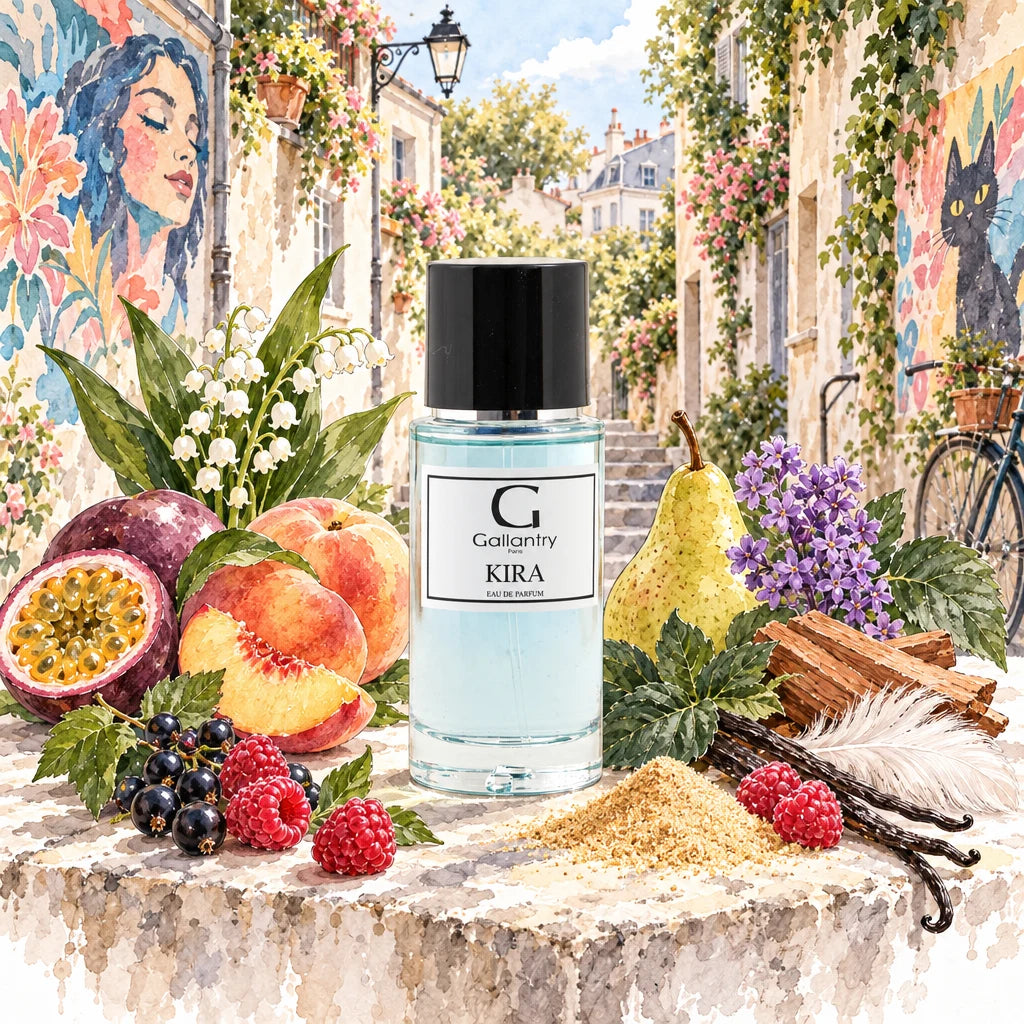 Flacon Kira à l'aquarelle parmi fruits et muguet dans une ruelle street-art de Paris, illustration créée avec l'IA