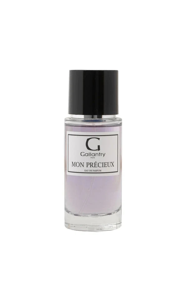Flacon vaporisateur en verre de 50 ml de l'eau de parfum Mon Précieux de Gallantry Paris, bouchon noir