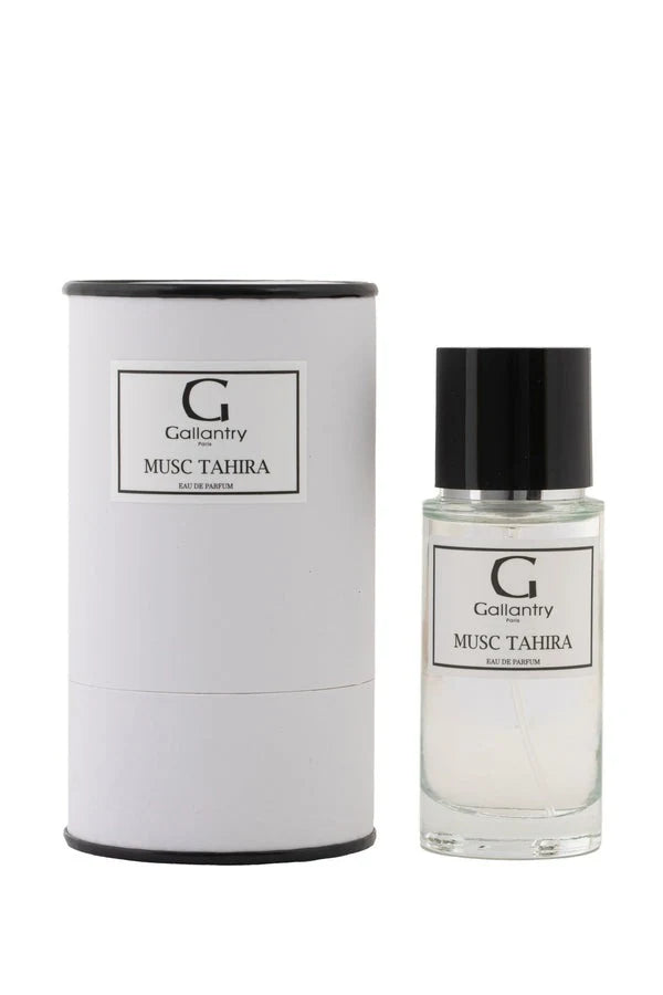 Eau de parfum Musc Tahira 50 ml posée à côté de sa boîte Gallantry Paris