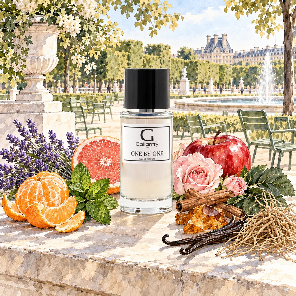 Flacon One by One entouré de lavande, pomme, roses et vanille au jardin des Tuileries, illustration créée avec l'IA