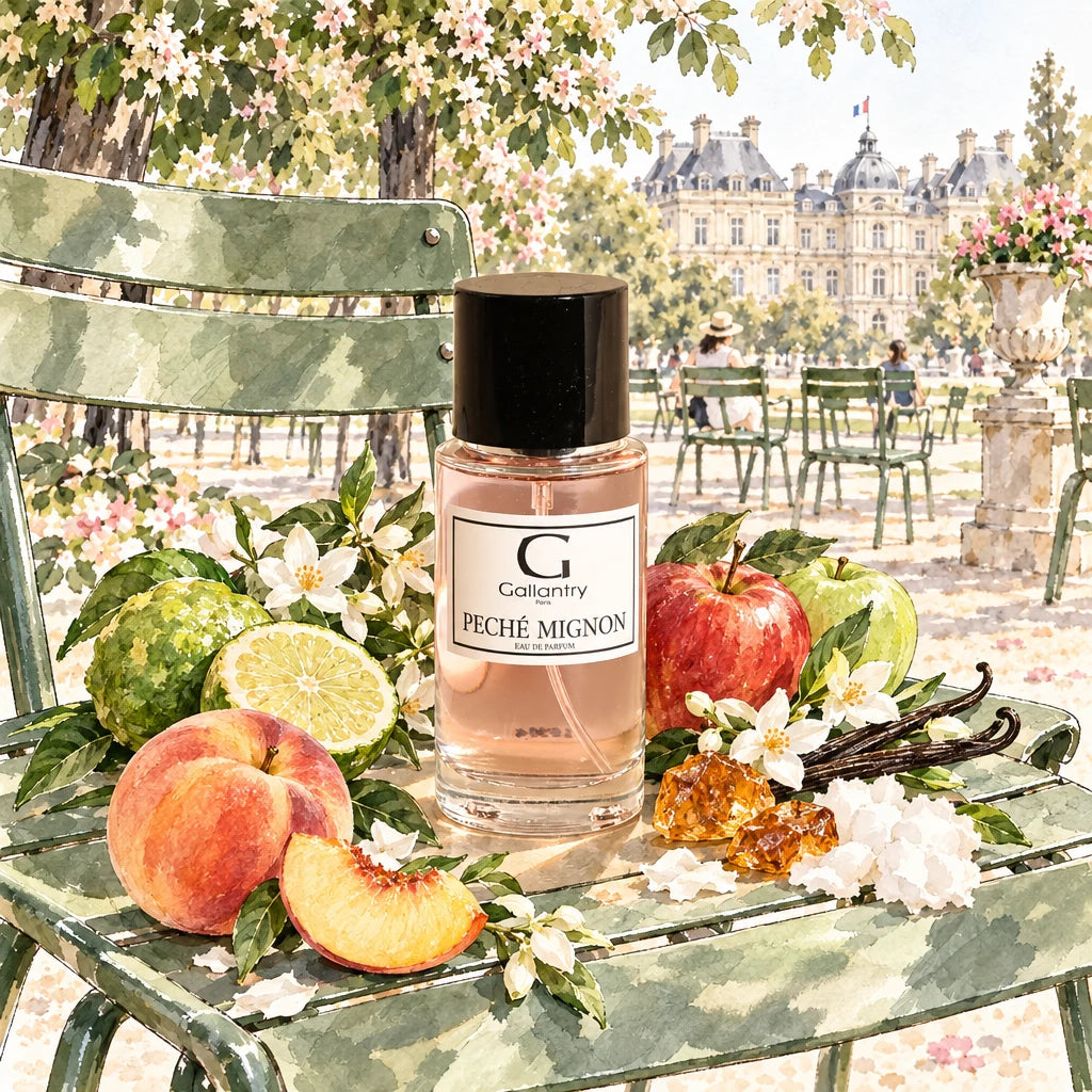 Flacon Péché Mignon parmi pêches, pommes et jasmin au Jardin du Luxembourg, illustration créée avec l'IA