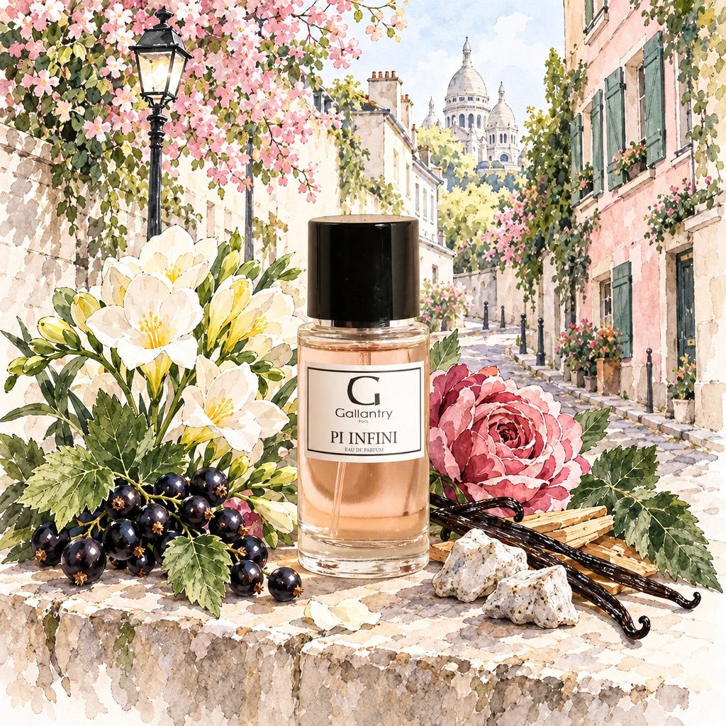 Flacon Pi Infini entouré de freesias, groseilles noires et roses, rue de l'Abreuvoir à Montmartre, illustration créée avec l'IA