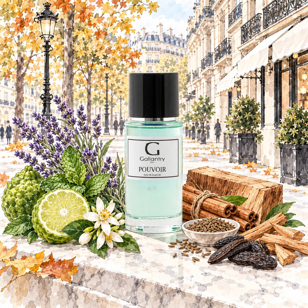 Flacon Pouvoir entouré de lavande, menthe, cannelle et cèdre sur l'avenue Montaigne, illustration créée avec l'IA