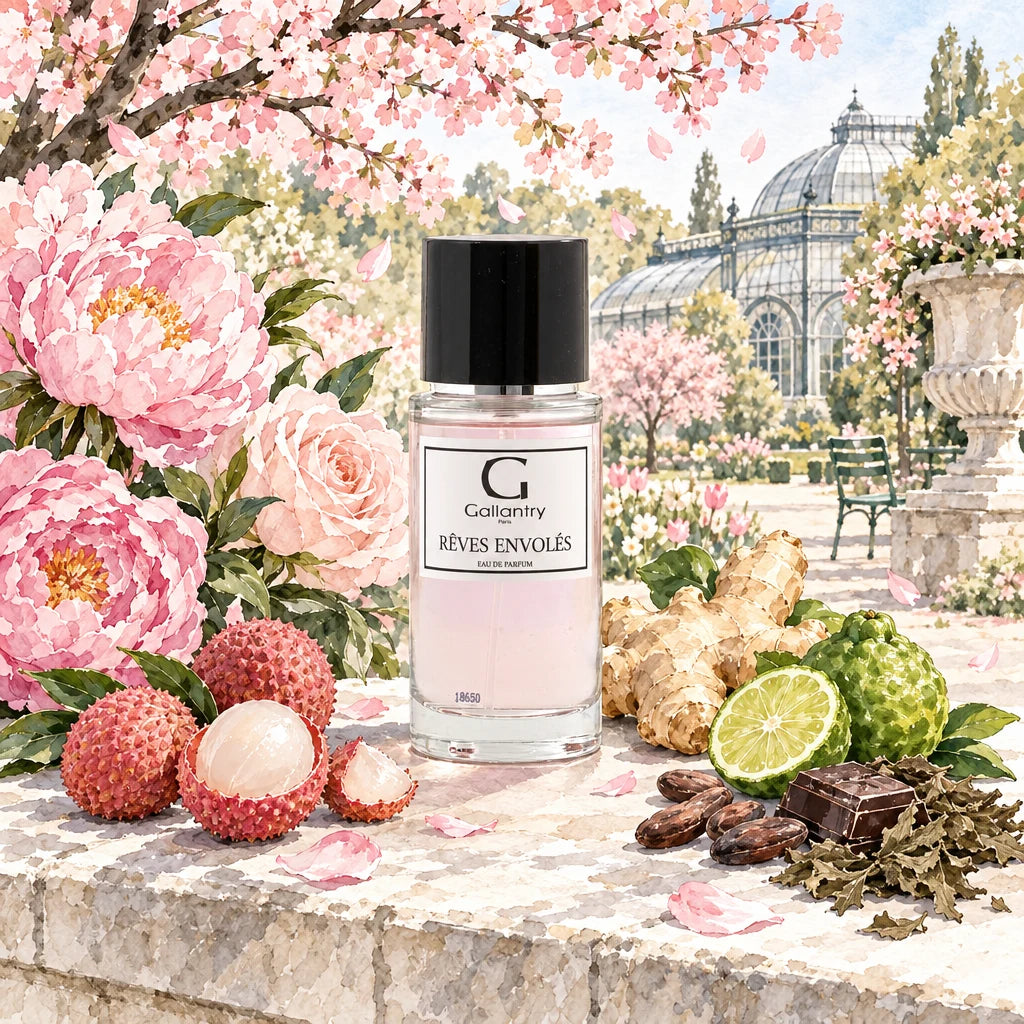 Rêves Envolés, flacon entouré de litchis, pivoines et roses sous les cerisiers en fleurs, illustration créée avec l'IA