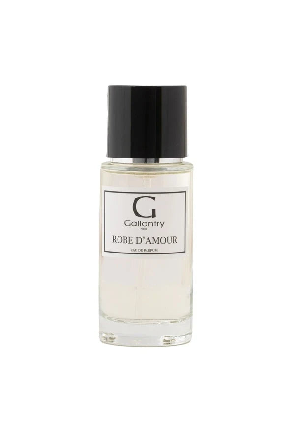 Flacon en verre de 50 ml de l'eau de parfum Robe d'Amour de Gallantry Paris, avec bouchon noir
