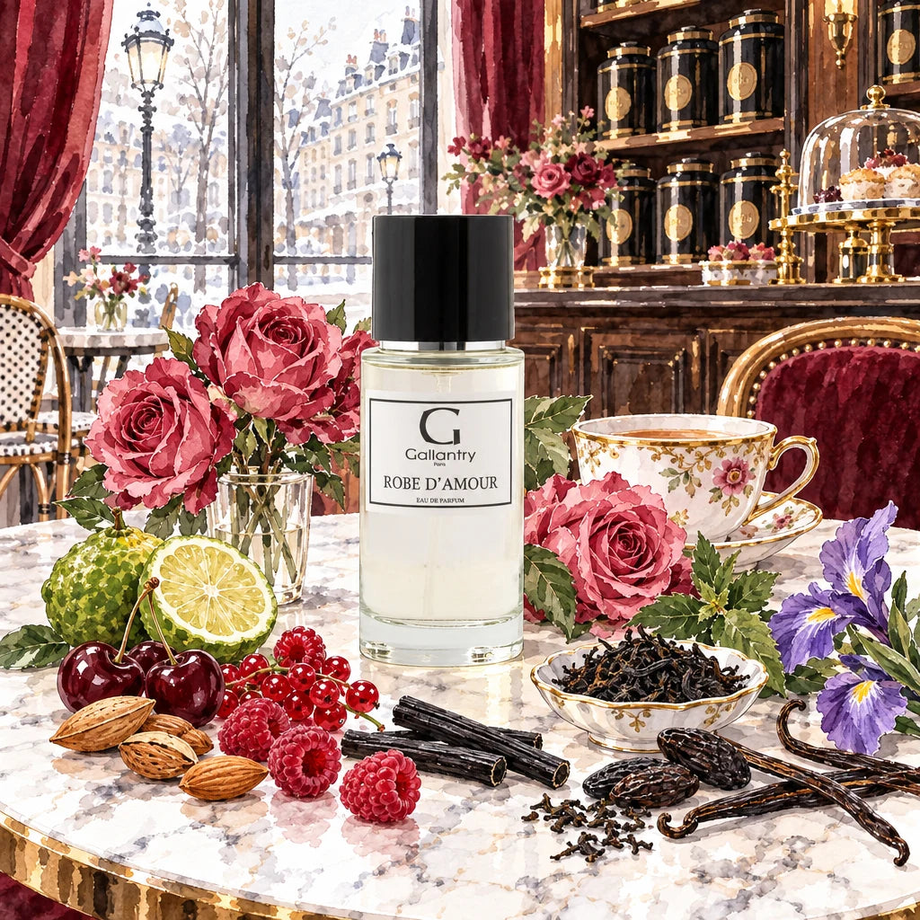 Robe d'Amour entouré de cerises, roses, thé et vanille dans un salon de thé du Marais, illustration créée avec l'IA