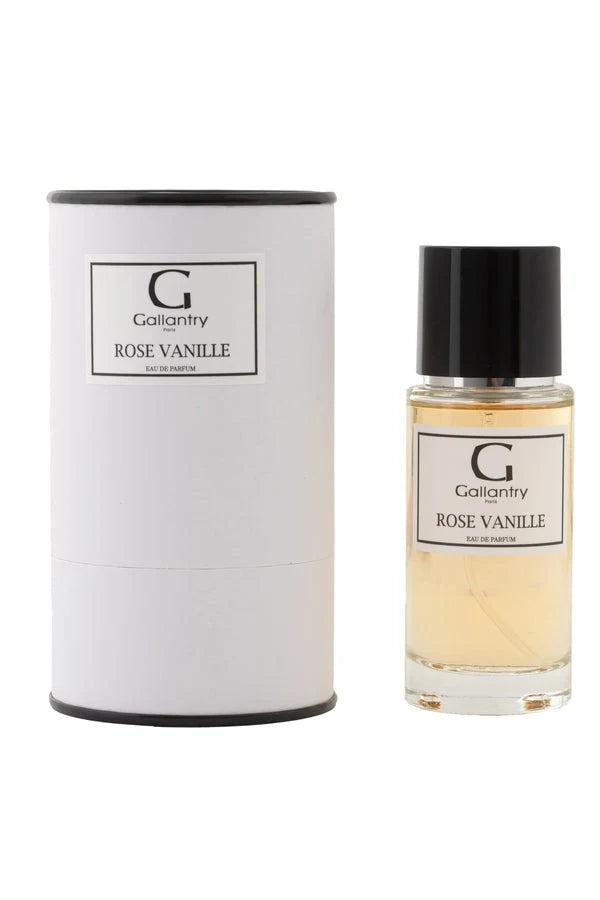 Eau de parfum Rose Vanille de Gallantry Paris, flacon 50 ml posé à côté de sa boîte
