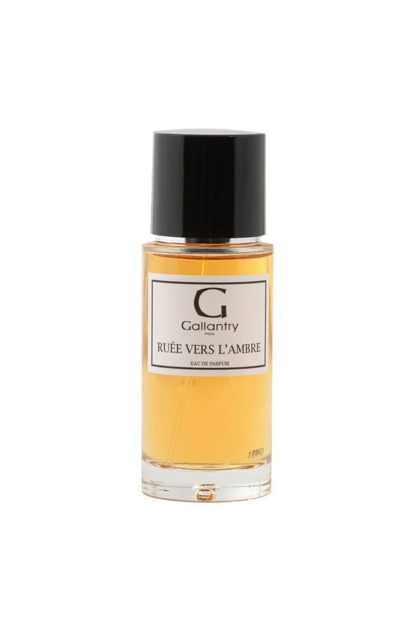 Flacon en verre de 50 ml de l'eau de parfum Ruée vers l'Ambre de Gallantry Paris avec bouchon noir