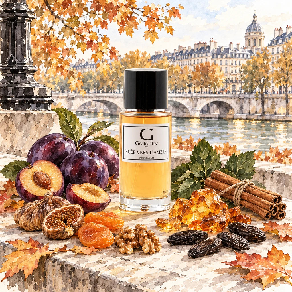 Ruée vers l'Ambre sur le quai d'Orléans en automne, entouré de prunes, ambre et cannelle, illustration créée avec l'IA