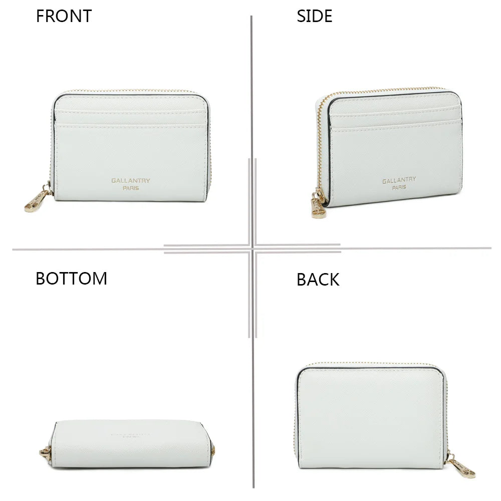 Le Petit Copain blanc sous quatre angles : face, profil, dessous et dos du portefeuille zippé – réf. L-86009