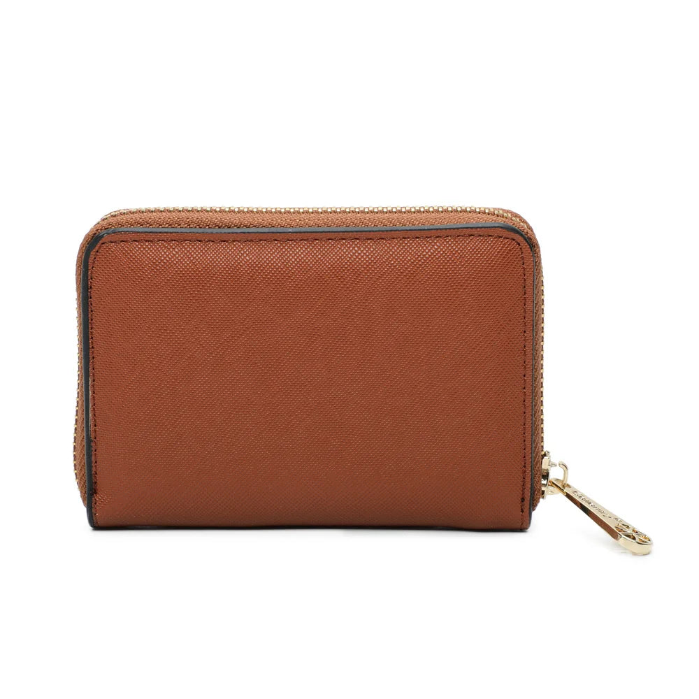 Dos du portefeuille Petit Copain camel, surface synthétique à la fine texture saffiano – réf. L-86009