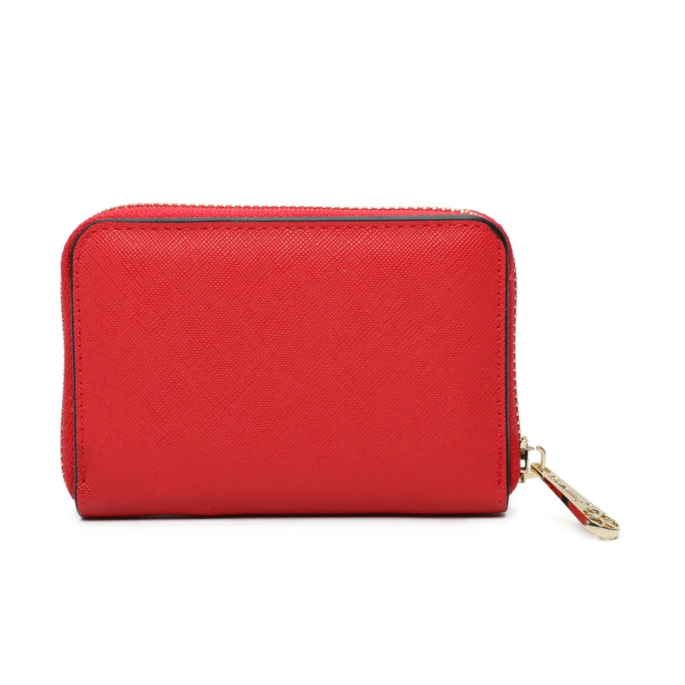 Dos du portefeuille Petit Copain rouge, surface synthétique à la fine texture saffiano – réf. L-86009